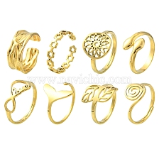 8Pcs 8 Style Flower & Leaf & Whale Tail & Snake Stainless Steel Open Cuff Ring Sets, Adjustable Rings for Women