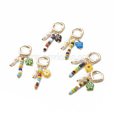 Natural Pearl & Glass Beads Dangle Hoop Earring, Flower Millefiori Glass Beads Drop Earrings for Women, Golden