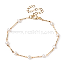 Natural Cultured Freshwater Pearl Beaded Bracelets, Brass Bar Link Bracelets for Women