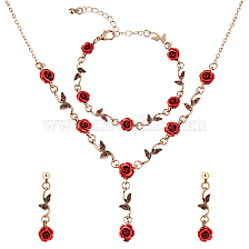 ANATTASOUL Siam Rhinestone Rose Flower Dangle Stud Earrings & Link Chain Bracelet & Lariat Necklace, Aluminium Jewelry Set for Women