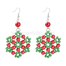 Flower Glass Pearl Beads Dangle Earrings for Christmas, with Glass Seed Beads and Brass Earring Hooks, 76mm, Pin: 0.7mm