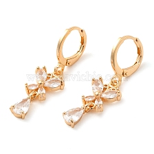 Rack Plating Golden Brass Dangle Leverback Earrings, with Cubic Zirconia, Butterfly