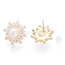 Daisy Flower Natural Pearl Stud Earrings with Enamel, Brass Earring with 925 Sterling Silver Pins