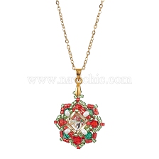 Christmas Theme Flower Glass Seed Beads & Rhinestone Pendant Necklaces, 304 Stainless Steel Cable Chain Necklaces for Women