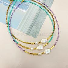 Elegant freshwater pearl necklace with unique blue-green jasper, non-fading quality.