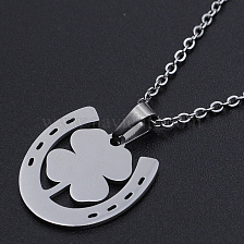 201 Stainless Steel Pendants Necklaces, with Cable Chains and Lobster Claw Clasps, Clover