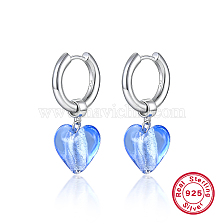 925 Sterling Silver Hoop Earrings, Lampwork Heart Drop Earrings, with 925 Stamp