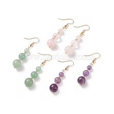 Natural Gemstone Round Beaded Long Dangle Earrings, Gold Plated Brass Jewelry for Women