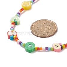 Orange & Grape & Lollipop & Apple Polymer Clay & Glass Seed Beaded Necklace, Fruit Theme Jewelry for Women