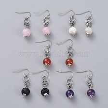 Natural Gemstone Dangle Earrings, with 304 Stainless Steel Flower Bead Caps and 316 Surgical Stainless Steel Earring Hooks