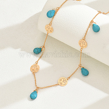 Golden Natural Stone Water Drop Turquoise Flower Necklace for Women