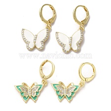 Butterfly Real 18K Gold Plated Brass Dangle Leverback Earrings, with Cubic Zirconia and Enamel