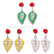 Rose with Leaf Seed Beads Stud Earrings, with 304 Stainless Steel & Resin Beads, Golden