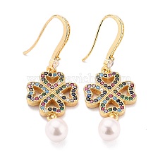 Clover Sparkling Cubic Zirconia Dangle Earrings for Her, Real 18K Gold Plated Brass Earrings with Acrylic Pearl Beads