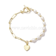 Natural Cultured Freshwater Pearl Beads Paperclip Chains Heart Charm Bracelets with Toggle Clasps for Women