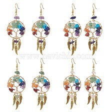 Gemstone Chips Beaded Tree of Life Chandelier Earrings, Golden Brass Web with Feather Long Drop Earrings for Women