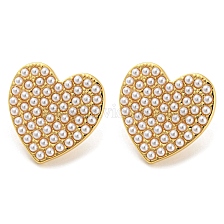 Heart Brass Stud Earrings with Plastic Pearl Beaded, Long-Lasting Plated, Cadmium Free & Lead Free