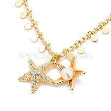 Brass Micro Pave Clear Cubic Zirconia Starfish Pendant Necklaces, with Natural Pearl Beads, Brass Curb Chains and 304 Stainless Steel Lobster Claw Clasps