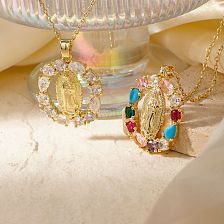 Copper Inlaid Zirconia Virgin Mary Pendant Fashionable Women's Colorful Necklace