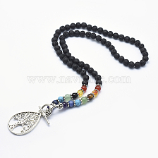 Tibetan Style Alloy Pendant Necklaces, with Natural Amethyst Beads and Toggle Clasps, Teardrop with Tree
, 21.2 inch(54cm)