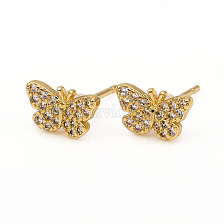 Brass Stud Earrings, with Clear Cubic Zirconia and Ear Nuts, Butterfly