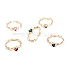 Brass Micro Pave Cubic Zirconia Cuff Rings, Open Rings, Long-Lasting Plated, Real 18K Gold Plated, Heart