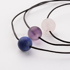 Adjustable Leather Cord Necklaces, with Natural Gemstone Round Beads