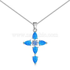 Cross Rhodium Plated 925 Sterling Silver Pendant Necklaces, with Synthetic Opal