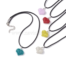 3D Heart Glass Seed Beads Pendant Necklaces, Imitation Leather Cord Necklaces