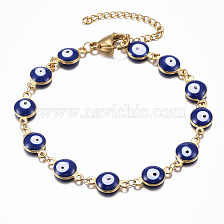 304 Stainless Steel Link Bracelets, Evil Eye, Real 18k Gold Plated