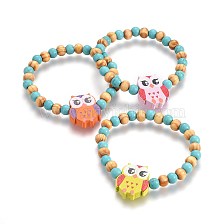 Wood Beads Kids Stretch Bracelets, with Synthetic Turquoise, Owl