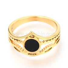 304 Stainless Steel Finger Rings, with Resin, Flat Round, Black