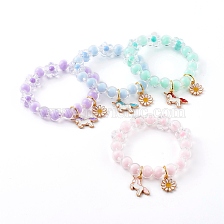 Transparent Acrylic Stretch Charm Bracelets for Kids, with Alloy Enamel Pendants, Unicorn & Daisy, Golden