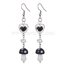 Natural Mixed Stone Chips Dangle Earrings, Mushroom & Heart Lampwork Long Drop Earrings with 304 Stainless Steel Pins