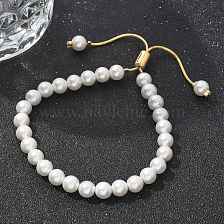 Shell Pearl Beaded Slider Bracelet with Brass Snake Chain, Lead Free & Cadmium Free, Real 18K Gold Plated, Beads: 6mm, Inner Diameter: 1-3/4~2-5/8 inch(4.35~6.65cm)