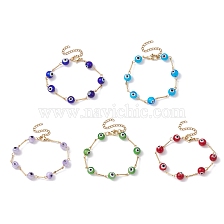 Lampwork Evil Eye Link Chain Bracelets, with Golden Brass Bar Link Chains