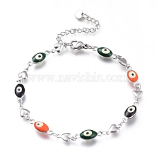 304 Stainless Steel Link Bracelets, with Enamel and Lobster Claw Clasps, Evil Eye & Heart, Stainless Steel Color