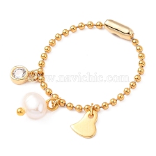 304 Stainless Steel Ball Chain Rings, with Natural Pearl Beads and Cubic Zirconia, Heart