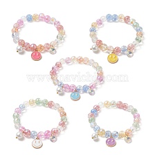 Bling Galss Round Beaded Stretch Bracelet, Alloy Enamel Smiling Face Charms Adjustable Bracelet for Kids