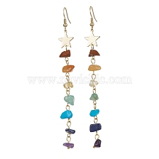 Chakra Theme Natural & Synthetic Mixed Gemstone Chip Beaded Tassel Earrings, Golden Brass Long Dangle Earrings