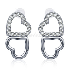 Fashionable Double Peach Heart Zircon Silver Earrings for Women.