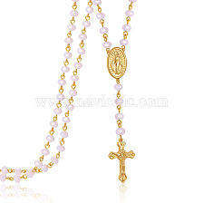 Glass Rosary Bead Necklace, Golden Brass Cross & Jesus Pendant Necklace