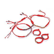 Adjustable Nylon Cord Braided Bead Bracelets and Rings Sets, with Brass Beads, Cadmium Free & Lead Free