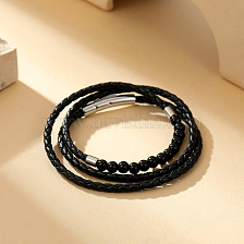 Stainless Steel Black Agate Leather Cord Fashion Bracelet for Daily Wear