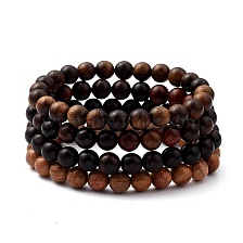 Unisex Natural Wood Beaded Stretch Bracelets Sets, Round