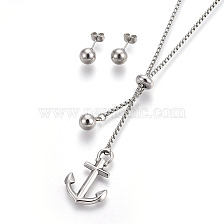 Adjustable 304 Stainless Steel Stud Earrings & Slider Necklaces Jewelry Sets, Anchor and Round