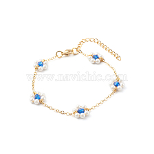 Shell Pearl & Acrylic Beads Flower Link Bracelets, with Brass Cable Chains, Golden, Blue, 2mm, 7-1/4 inch(18.4cm)