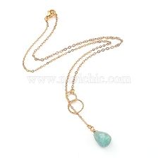 teardrop, Natural Amazonite Pendants Necklaces, with Brass Linking Rings & Cable Chains, 304 Stainless Steel Lobster Claw Clasps, 17.52~17.72 inch(44.5~45cm), 2mm