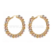 304 Stainless Steel Beaded Hoop Earrings, Hypoallergenic Earrings, with Brass Round Beads