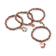 Christmas Theme Stretch Charm Bracelets for Kids, with Imitation Pearl Acrylic Round Beads and Alloy Enamel Pendants, Golden